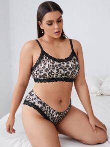 Plus Leopard Print Lace Trim Lingerie Set - Multicolor - View 1