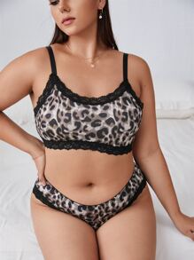 Plus Leopard Print Lace Trim Lingerie Set - Multicolor - View 3