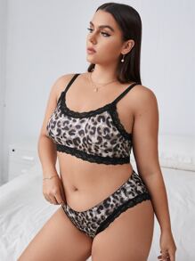 Plus Leopard Print Lace Trim Lingerie Set - Multicolor - View 4