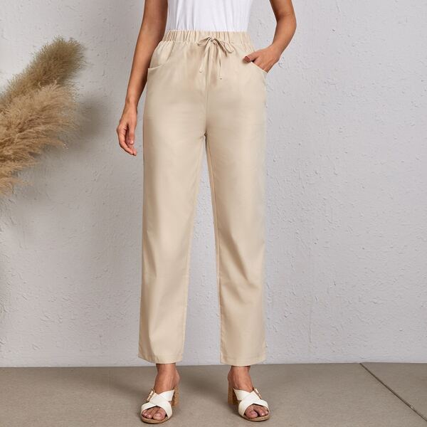 

Slant Pocket Elastic Waist Straight Leg Pants, Khaki