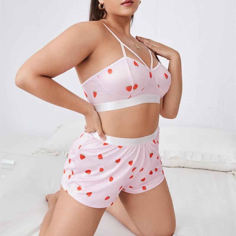 

Plus Strawberry Print Harness Lingerie Set, Baby pink