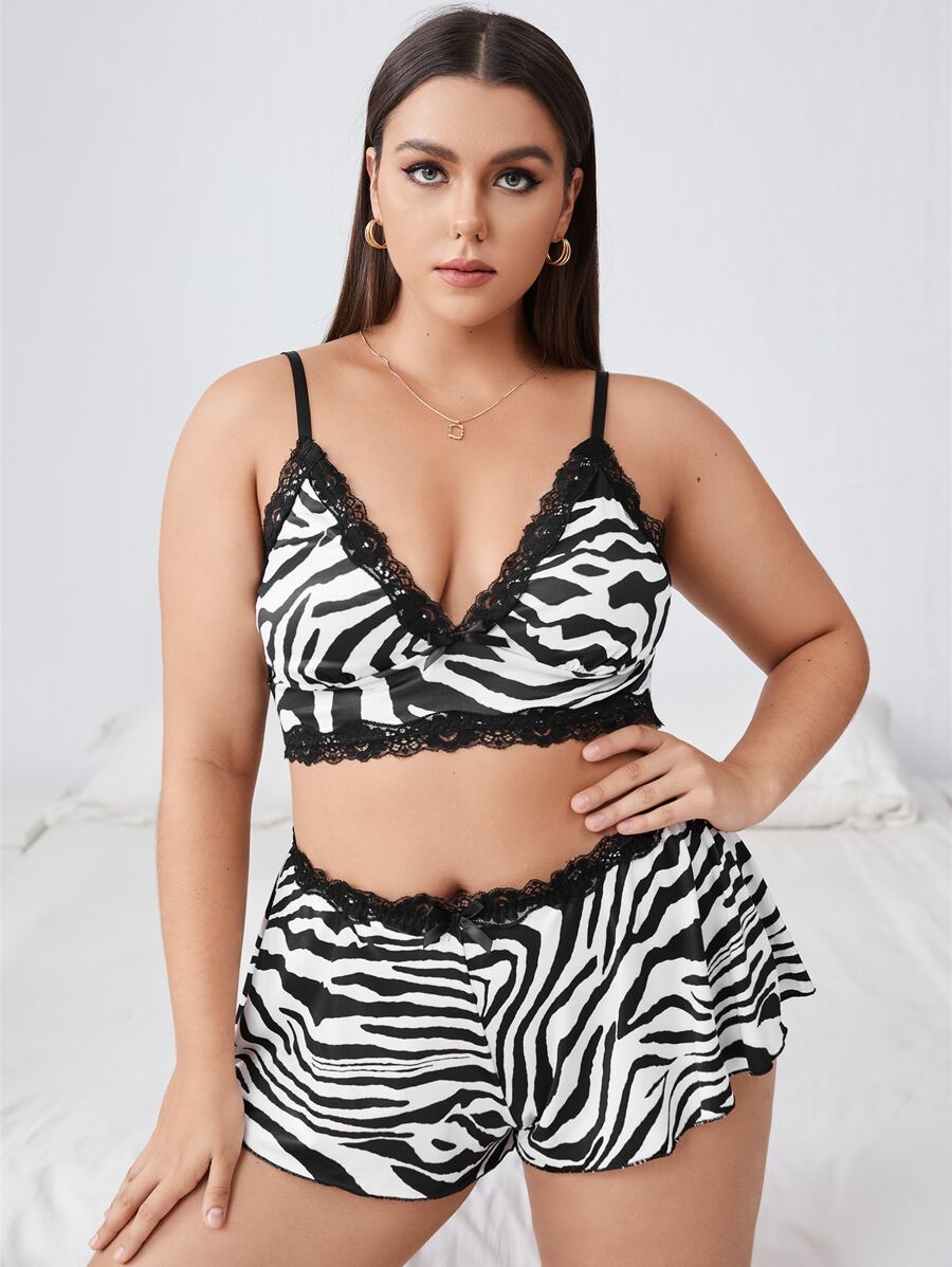 Plus Zebra Stripe Lace Trim Lingerie Set - Black and White - View 1