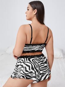 Plus Zebra Stripe Lace Trim Lingerie Set - Black and White - View 2