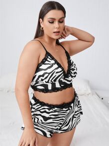 Plus Zebra Stripe Lace Trim Lingerie Set - Black and White - View 3