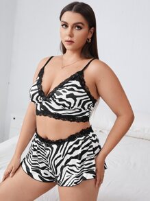 Plus Zebra Stripe Lace Trim Lingerie Set - Black and White - View 4