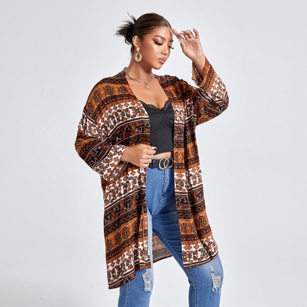 

Plus Mixed Print Open Front Kimono, Multicolor