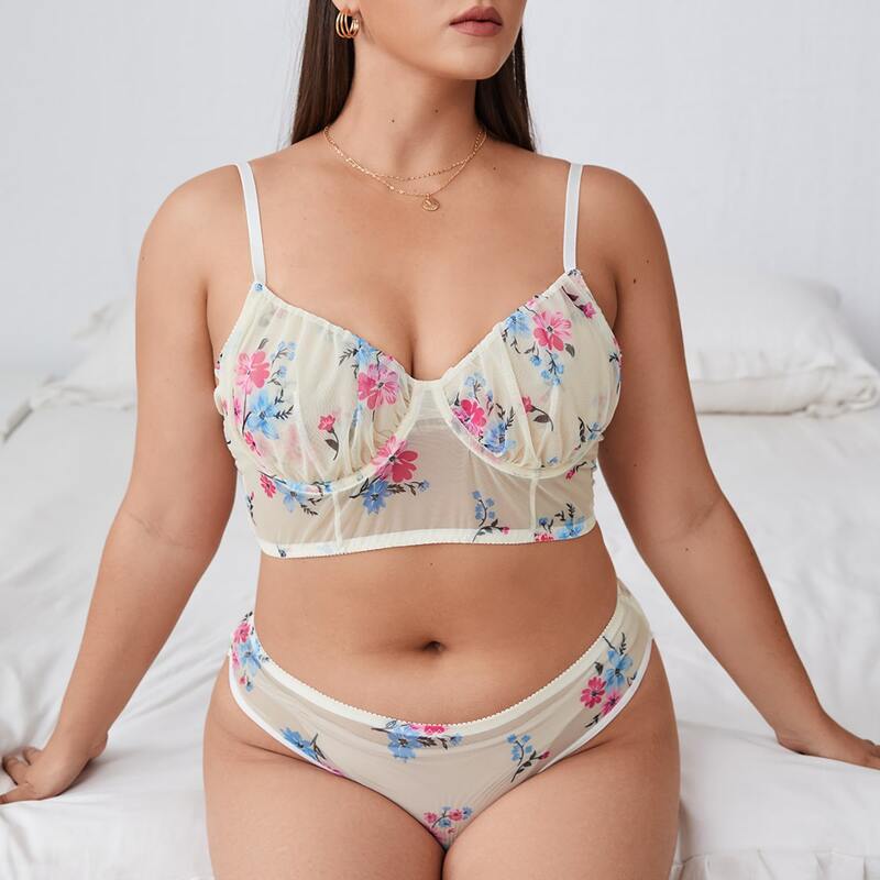 

Plus Floral Print Mesh Underwire Lingerie Set, Beige