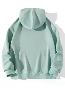 Flirla Plus Letter Graphic Kangaroo Pocket Drawstring Thermal Hoodie - Mint Green - View 2