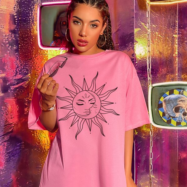 

Sun Graphic Drop Shoulder Oversized Tee, Pink