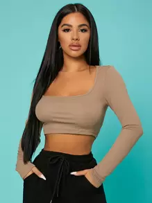 SHEIN SXY Áo thun màu trơn Giải trí - Màu nâu  Mocha - Xem 1