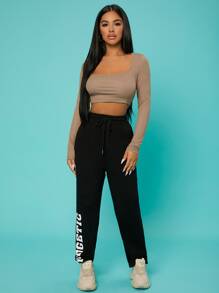 SHEIN SXY Áo thun màu trơn Giải trí - Màu nâu  Mocha - Xem 4