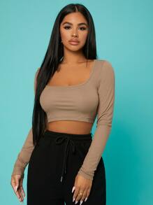 SHEIN SXY Áo thun màu trơn Giải trí - Màu nâu  Mocha - Xem 5