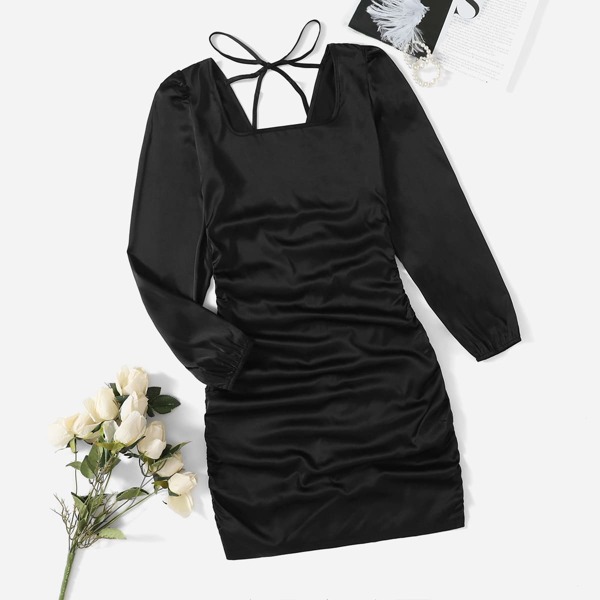 

Knot Back Ruched Bodycon Dress, Black