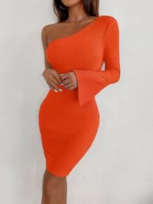 SHEIN Essnce One Shoulder Split Cuff Bodycon Dress - Orange - View 1