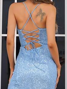 Missord Crisscross Lace Up Zipped Backless Split Thigh Sequin Prom Dress
