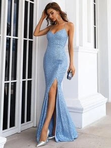 Missord Crisscross Lace Up Zipped Backless Split Thigh Sequin Prom Dress