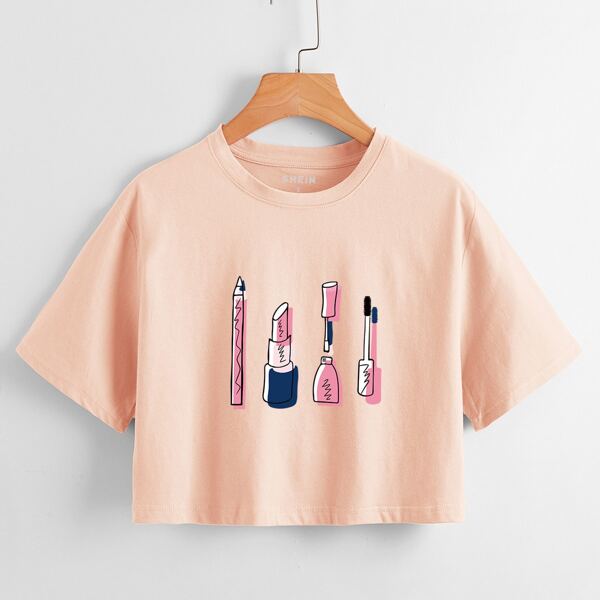 

Lipstick & Eyelash Brush Print Crop Tee, Baby pink