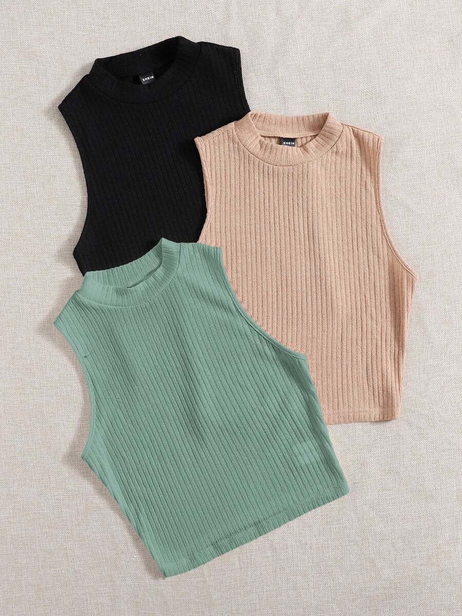 SHEIN EZwear 3 Paquetes de Camiseta de Punto Acanalado - Multicolor - Ver 1