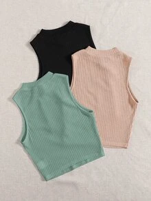 SHEIN EZwear 3 Paquetes de Camiseta de Punto Acanalado - Multicolor - Ver 2