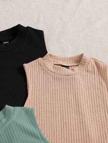 SHEIN EZwear 3 Paquetes de Camiseta de Punto Acanalado - Multicolor - Ver 5