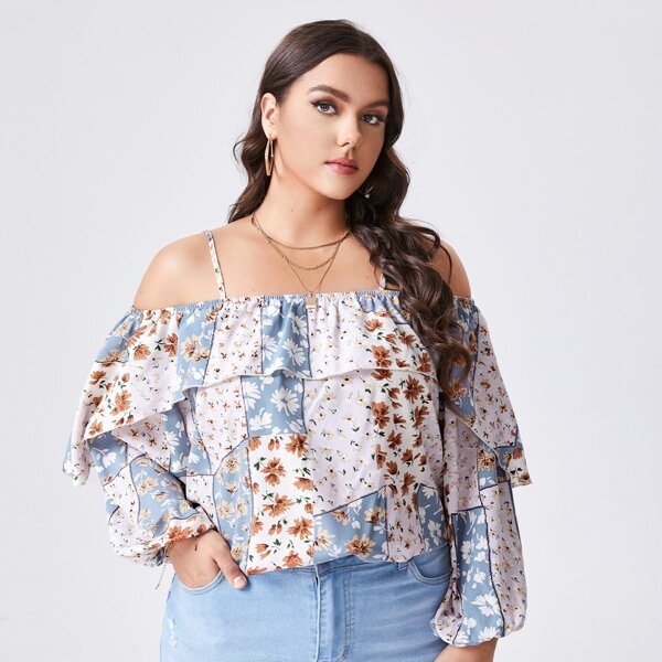 

Plus Cold Shoulder Floral Patchwork Blouse, Multicolor