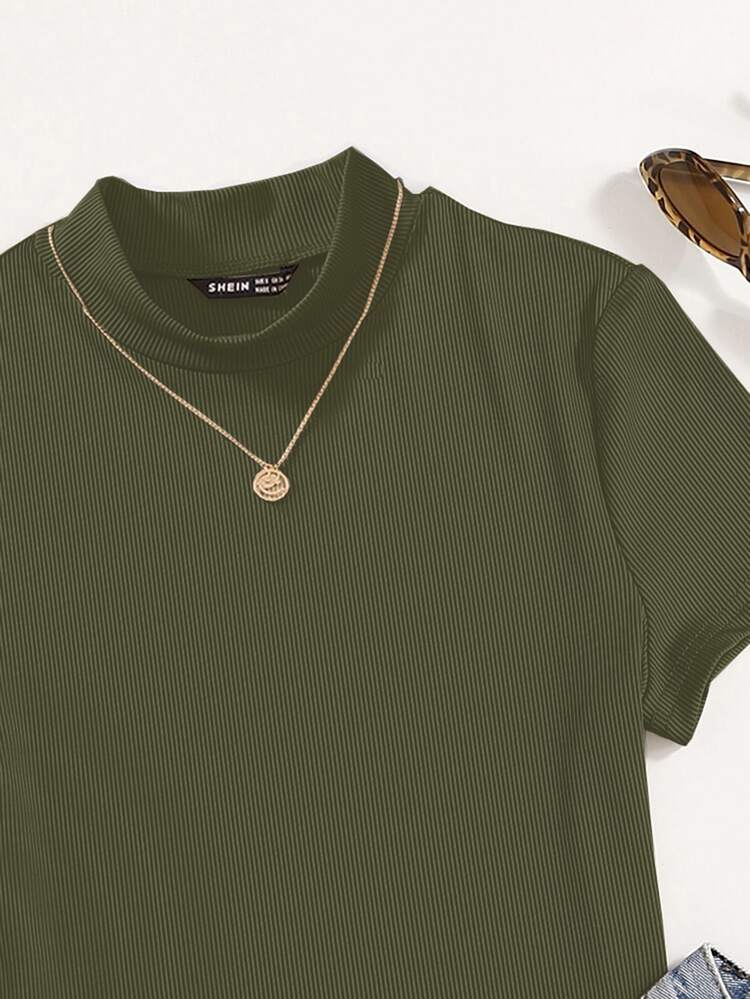 SHEIN Unity Mock Neck Rib Knit Tee - Army Green - View 3