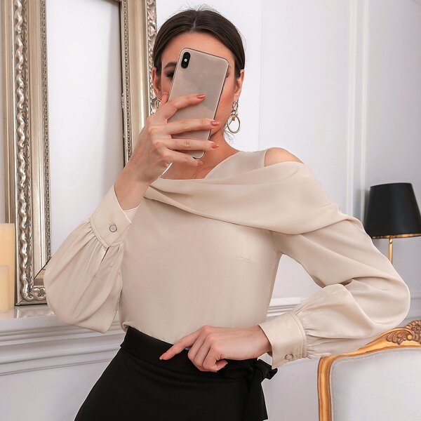 

Asymmetrical Neck Cut Out Draped Blouse, Apricot