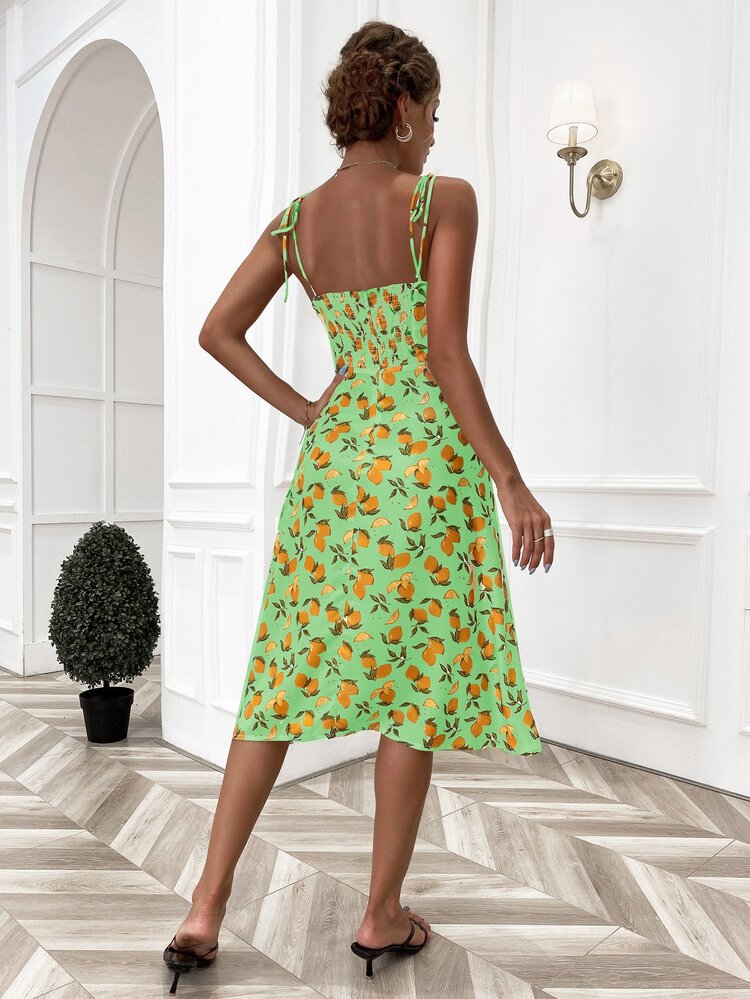 SHEIN Unity Đầm Thắt nút Dây kéo Tách cao Dải chun Rau quả Tất cả trên in Boho - Màu xanh chanh - Xem 2