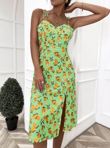 SHEIN Unity 滿版檸檬印花高衩吊帶連衣裙 - 青檸色 - 查看 3