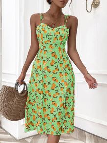 SHEIN Unity 滿版檸檬印花高衩吊帶連衣裙 - 青檸色 - 查看 4