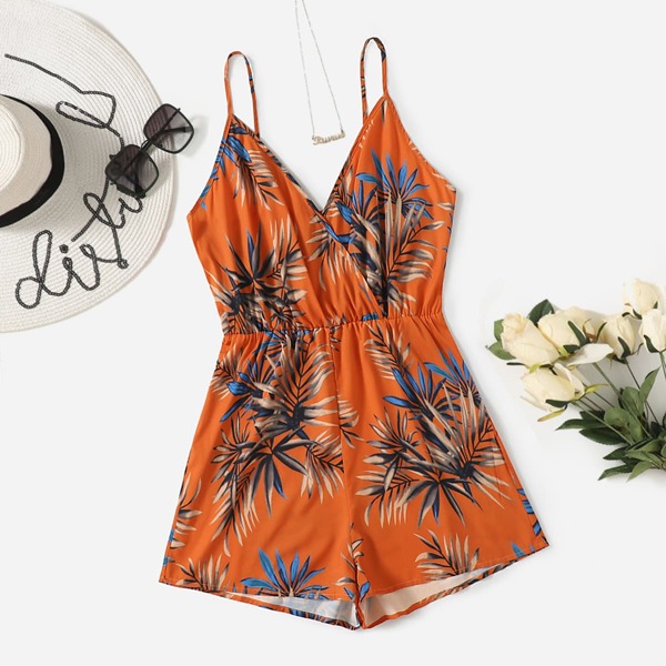 

Plus Surplice Neck Tropical Cami Romper, Multicolor