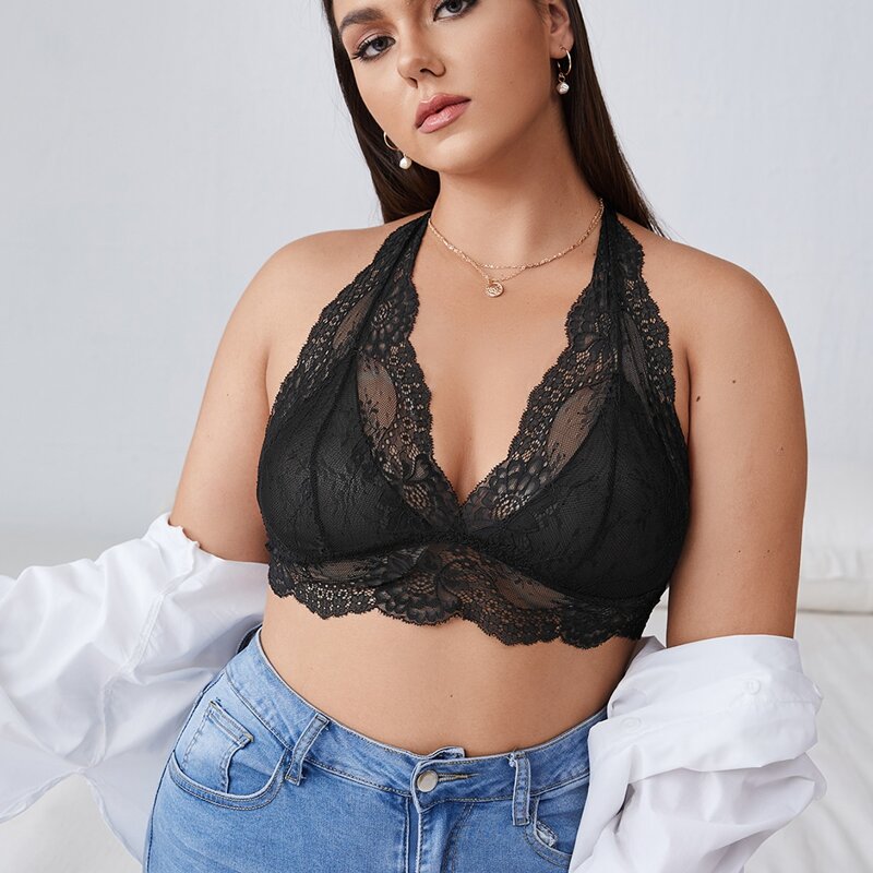 

Plus Floral Lace Halter Bralette, Black