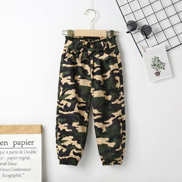 

Toddler Girls Camo Print Belted Pants, Army green