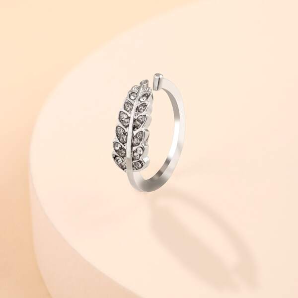 

Rhinestone Leaf Design Cuff Ring, Silver