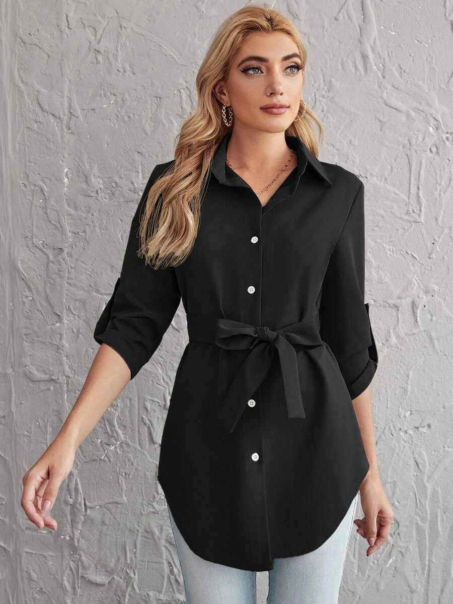 Rolled Tab Sleeve Self Belted Blouse - Black - View 1