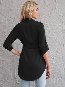 Rolled Tab Sleeve Self Belted Blouse - Black - View 2