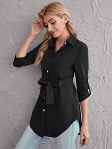 Rolled Tab Sleeve Self Belted Blouse - Black - View 4