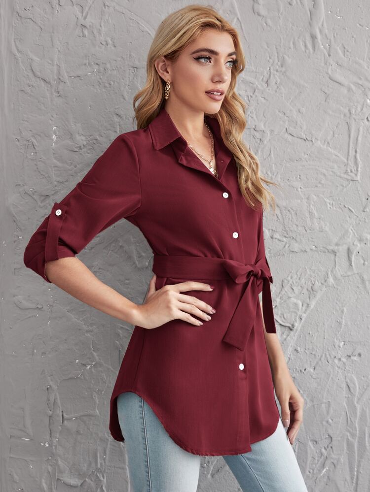 Rolled Tab Sleeve Self Belted Blouse - Burgundy - View 5