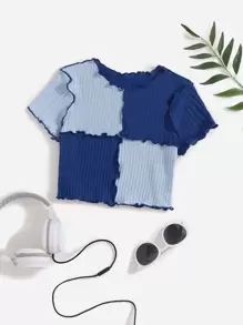 SHEIN Girls' Colorblock Short Sleeve Crew Neck T-Shirt - Blue - View 1