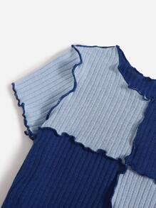 SHEIN Girls' Colorblock Short Sleeve Crew Neck T-Shirt - Blue - View 3