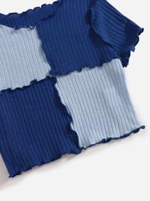 SHEIN Girls' Colorblock Short Sleeve Crew Neck T-Shirt - Blue - View 4