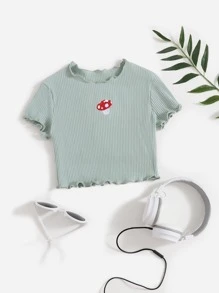 SHEIN Camiseta tejida de canalé con bordado de seta - verde menta - Ver 1