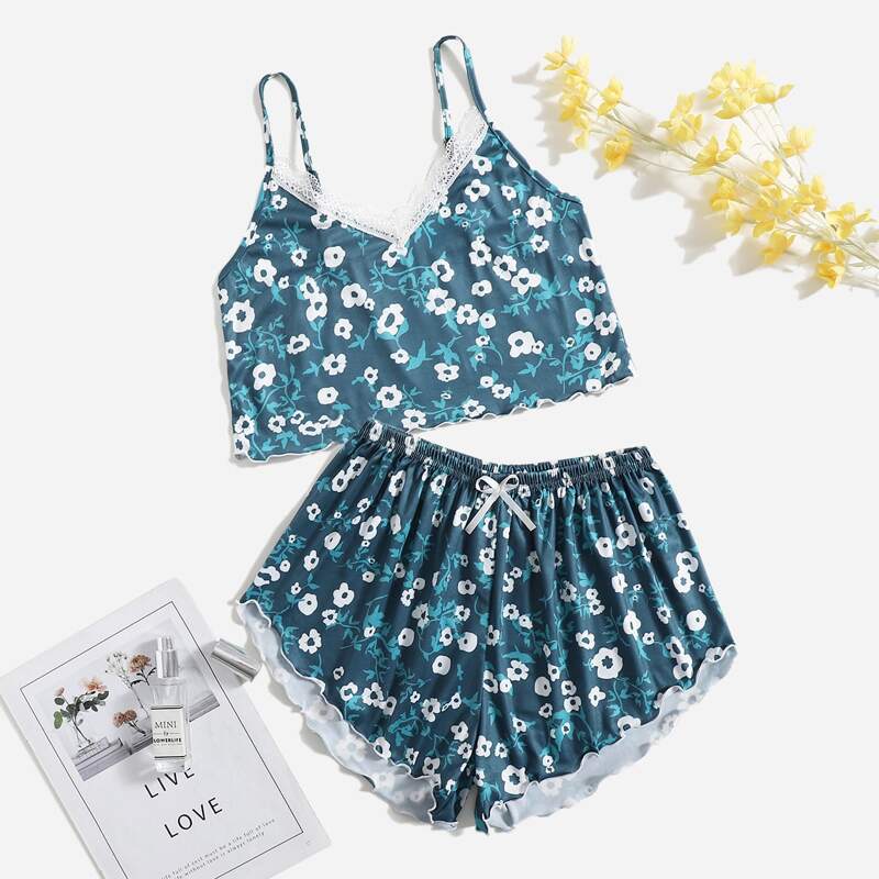 

Floral Print Lettuce Trim PJ Set, Green