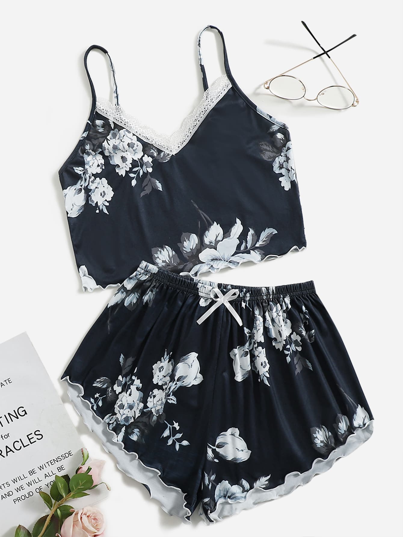Floral Print Lettuce Trim Cami PJ Set - Navy Blue - View 1