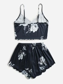 Floral Print Lettuce Trim Cami PJ Set - Navy Blue - View 2