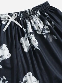 Floral Print Lettuce Trim Cami PJ Set - Navy Blue - View 3