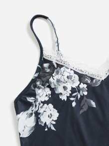 Floral Print Lettuce Trim Cami PJ Set - Navy Blue - View 4