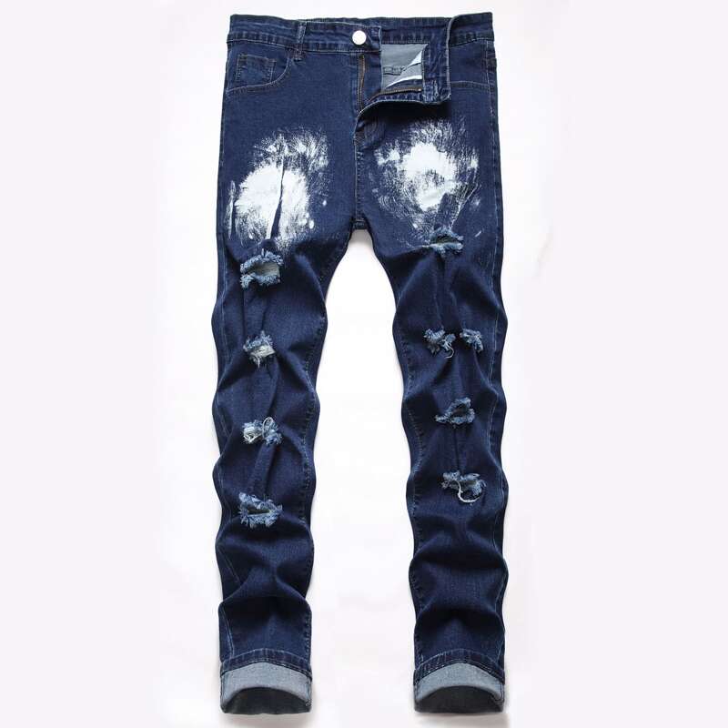 

Guys Graphic Print Ripped Jeans, Dark wash