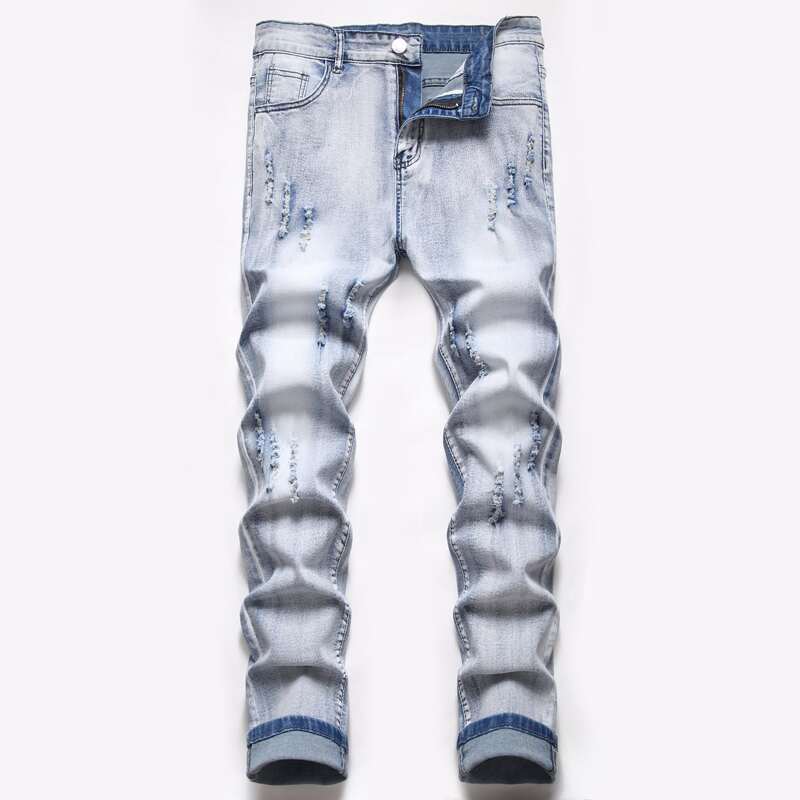 

Guys Graphic Print Ripped Jeans, Light wash