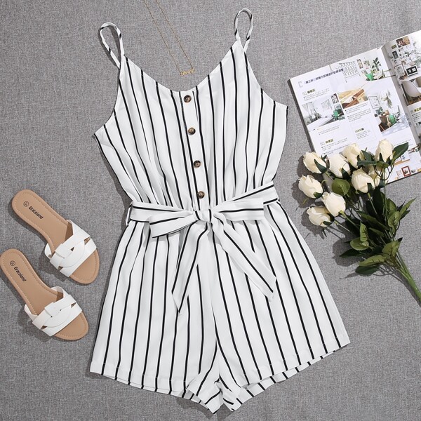 

Half Button Stripe Belted Cami Romper, White